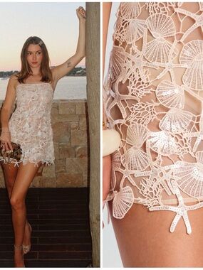 Retrofete Jaala Sequin Lace Mini Dress Cream Seashell Ocean Beach Vacation Sz XS